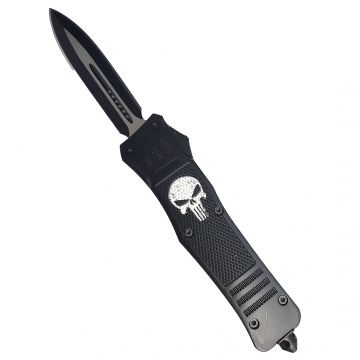 Delta Force OTF Punisher Skull Black Handle Black Double Edge Plain Blade Knife