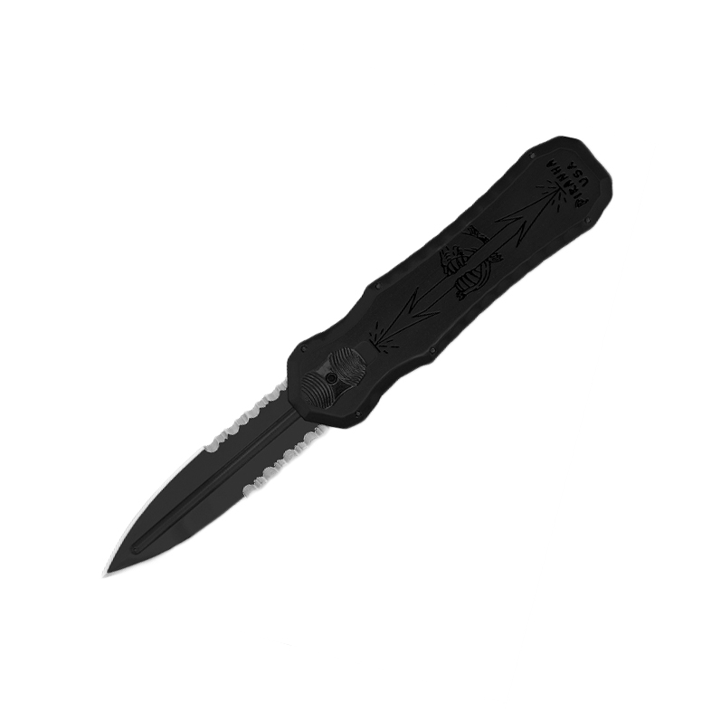 Piranha Tactical Excalibur Double Action OTF Knife Black Serrated Blade-img-0
